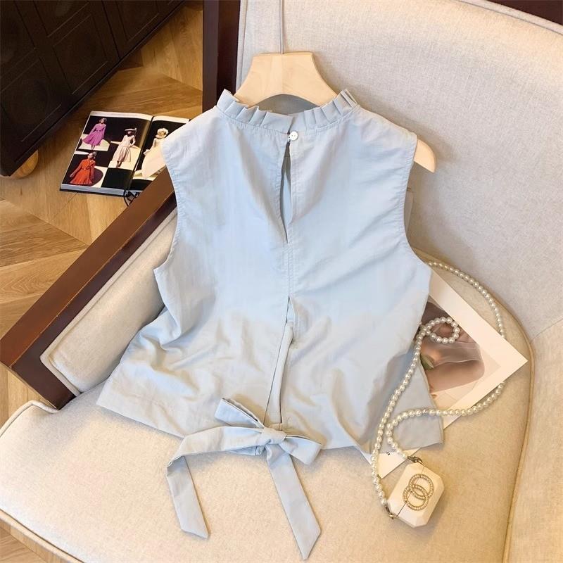 蓝色无袖短款上衣女夏法式