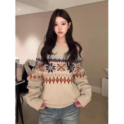 复古费尔岛提花慵懒一字肩