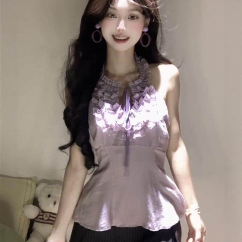 法式纯欲风紫色木耳边挂脖