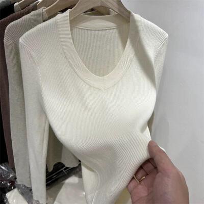 V领软糯坑条长袖针织衫女