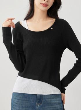 法式撞色灰色假两件内搭短款针织衫女早秋季打底小香风长袖上衣