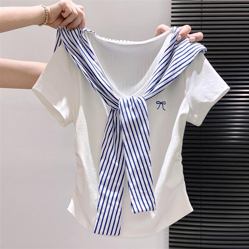 白色假两件海军领短袖t恤女夏季正肩褶皱收腰短款别致绝美小上衣