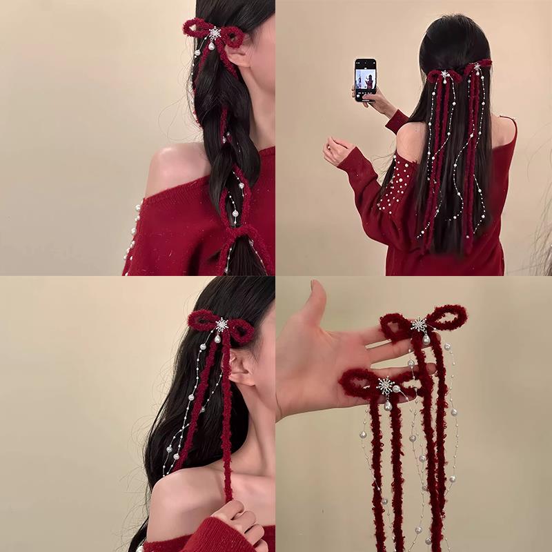 圣诞恋歌红色蝴蝶结珠珠飘带发夹女鸭嘴夹圣诞节新年节日发饰头饰