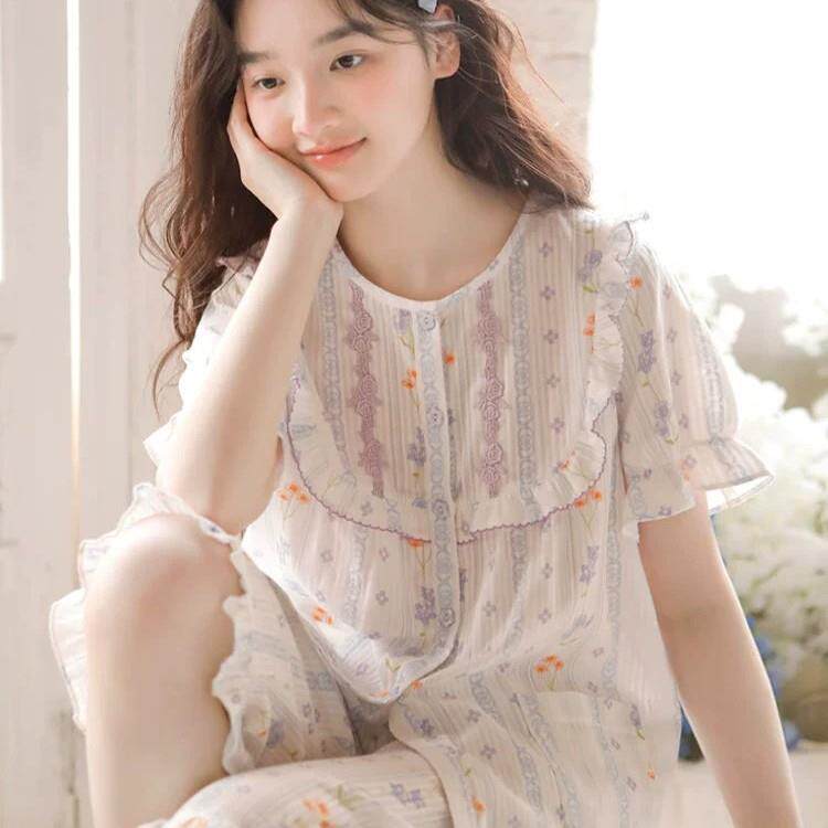 睡衣女款2026年新款夏季纱布布料短袖五分裤开衫套装薄款家居服