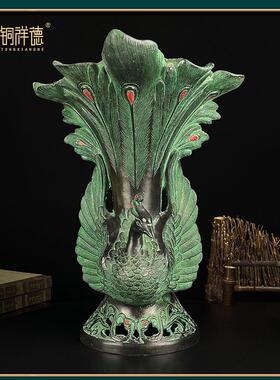古青铜摆件青铜双凤杯酒樽吉祥鸟尊花瓶古玩装饰工艺品花插笔筒