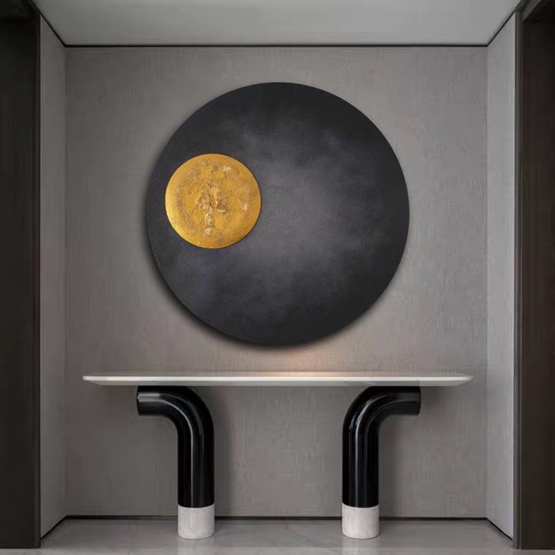 手绘油画侘寂赤贫黑色挂画抽象玄关装饰画圆形立体画样板房床头画图片