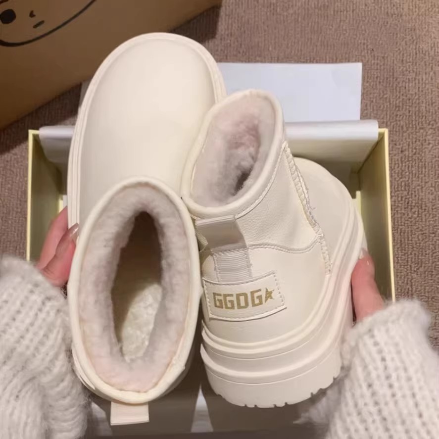 品牌厚底雪地靴女皮毛一体2025新款冬季皮面防水防滑加绒保暖棉靴