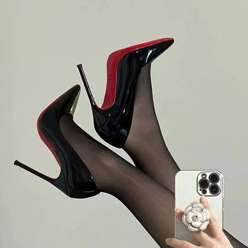 2025年床上新款红底黑色细跟高跟鞋纯欲尖头御姐百搭时尚裸色单鞋