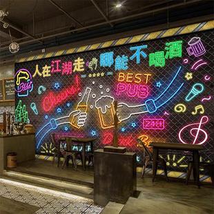国潮集装 3d工业风啤酒ktv酒吧烧烤店墙纸 箱霓虹灯餐厅背景墙壁纸