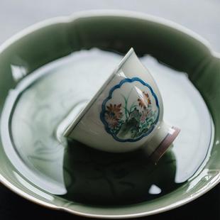 无落中号主人杯拟古青瓷高足釉下粉彩手绘山间美景手绘品茗杯茶杯