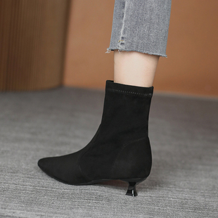 短靴女猫跟单靴2021秋冬新款尖头3厘米小高跟弹力瘦瘦细跟时装靴