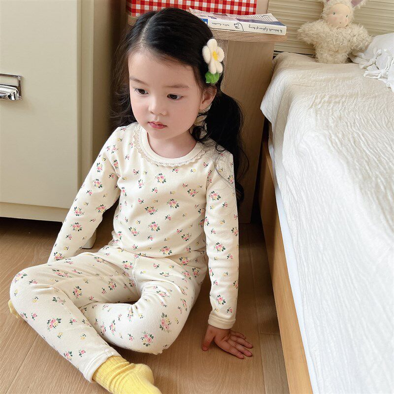 ins韩系网红小碎花秋冬女孩保暖内衣套装男宝宝磨毛无骨秋衣秋裤