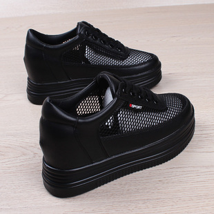 松糕厚底女网鞋h夏季新款镂空透气网面女鞋内增高7cm全黑色学生鞋