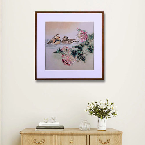 手工刻铜雕画 芙蓉花鸳鸯戏水 现代简约装饰画客厅卧室沙发玄关画