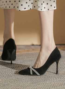 黑色高跟鞋女细跟水钻绒面浅口单鞋加肥脚宽L胖大码女鞋41-43春秋