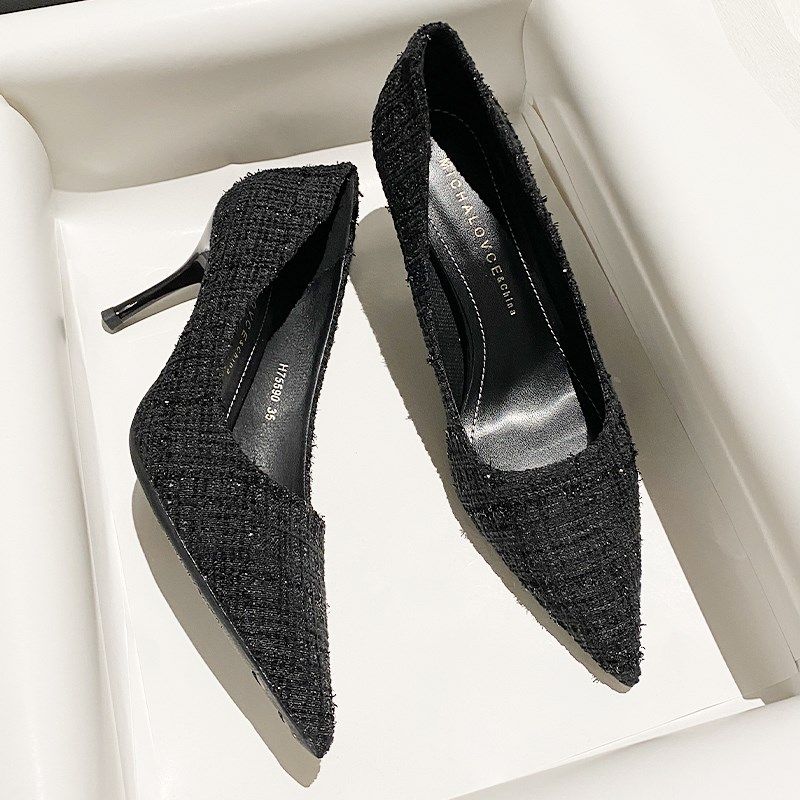 气质尖头细跟黑色高跟鞋女款2024年新款高跟通勤软皮软底工作单鞋,女鞋,浅口单鞋,淘宝优惠券,粉丝福利购,淘宝优惠卷