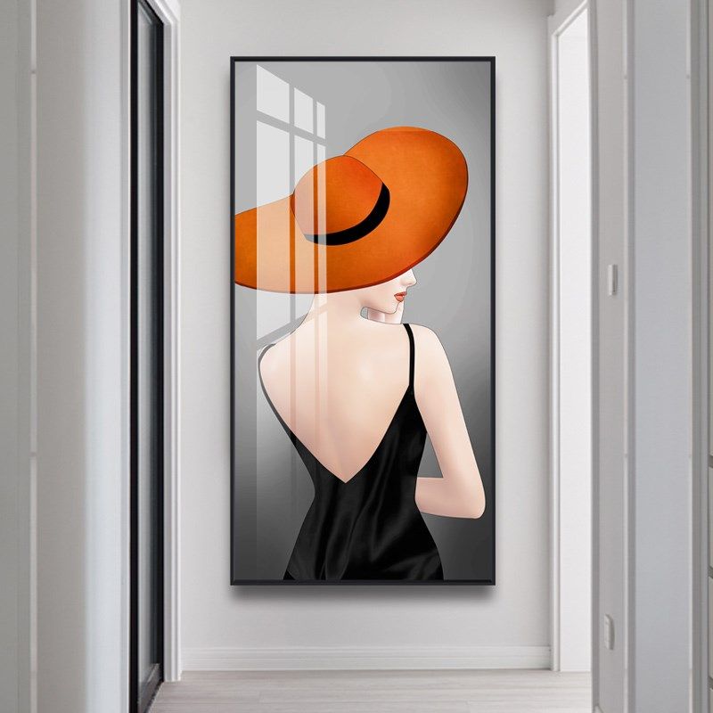 现代玄关装饰画服装店人物晶瓷画走廊尽头挂画竖版无甲醛红帽女郎