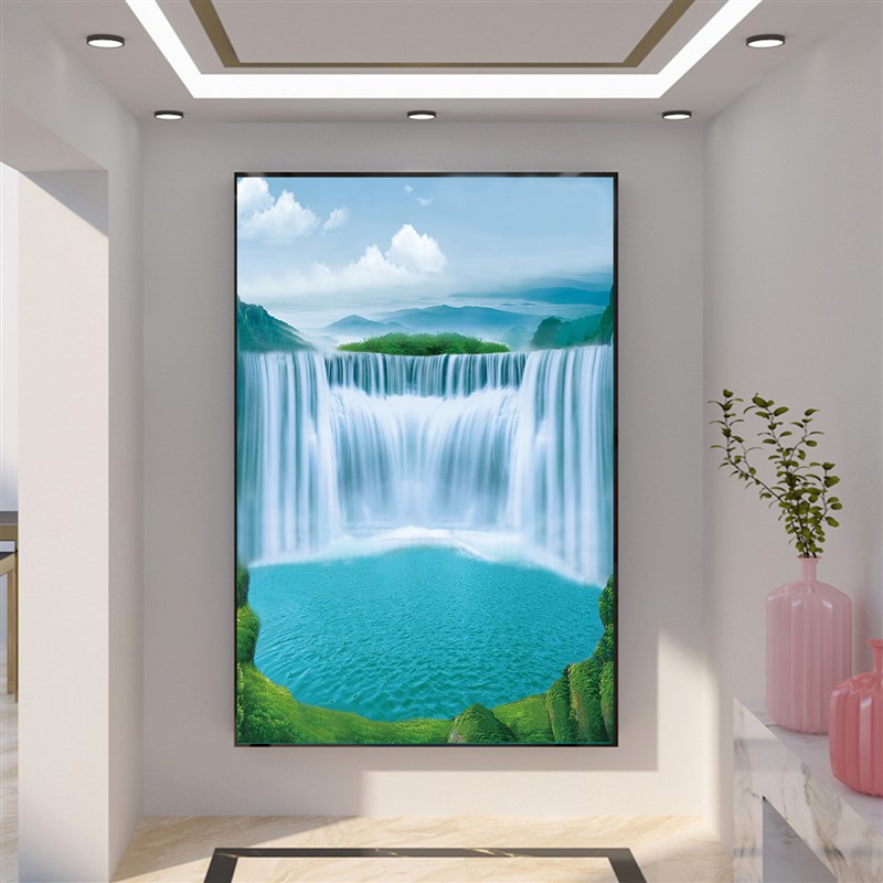 流水生财黄果树瀑布聚宝盆风景画客厅走廊过道玄关装饰晶瓷框挂画
