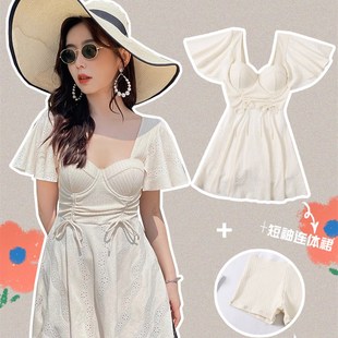 大码泳衣女胖mm2m00斤显瘦遮肉带钢圈大胸显钢托遮肚微胖温泉裙式