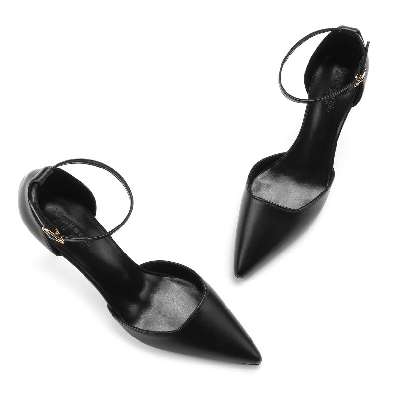 一字扣带高跟鞋i女黑色细跟尖头职业包头凉鞋女夏米白小码绒面单