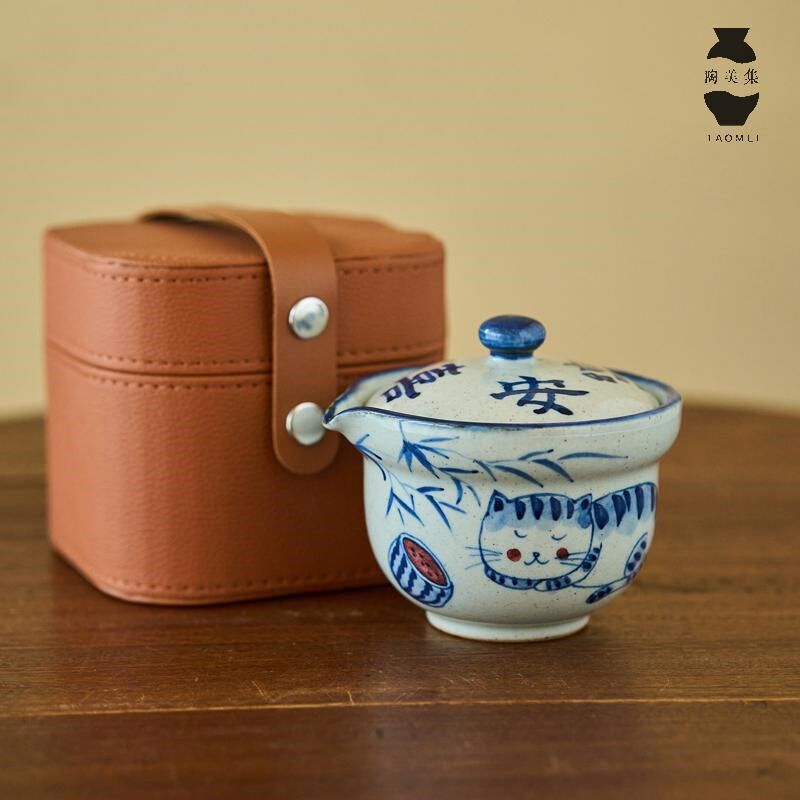 陶美集旅行茶具一l壶两杯便携式快客杯粗陶手绘可爱猫咪手抓壶茶