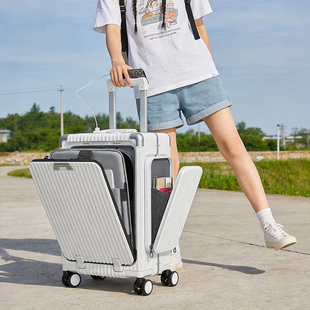 行李箱三开式多功能前开盖新款20寸PC双侧袋大容量旅行登机拉杆箱