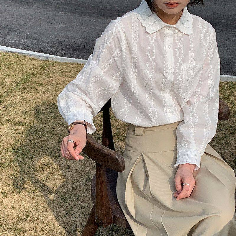 棉茧 白衬衫女长袖2025春装新款纯棉绣花上衣气质淑女灯笼袖衬衣