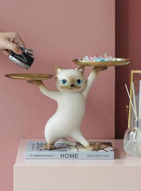 创意沙雕妖娆猫客厅玄关放钥匙收纳托盘摆件家居桌面猫咪乔迁礼物