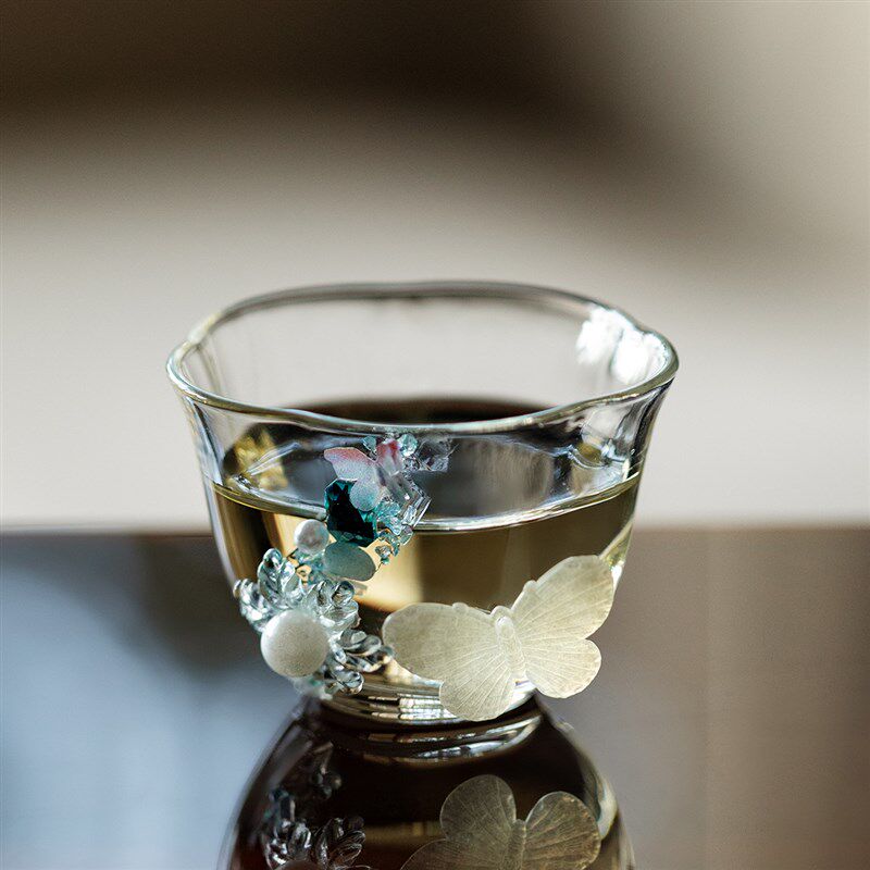 植述 diy手工蝴蝶玻璃茶杯精致高硼硅玻璃透明仙女主人杯女士单杯
