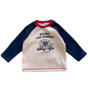 一体绒内搭儿童冬季圆领拼色套头印花加绒打底衫男童加厚长袖T恤