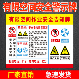 有限空间安全告知牌受限空间作业警示牌标识牌警示标志警告密闭风
