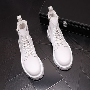 春款马丁靴工装靴厚底中筒男厚底增高休闲鞋白色高帮鞋短靴子