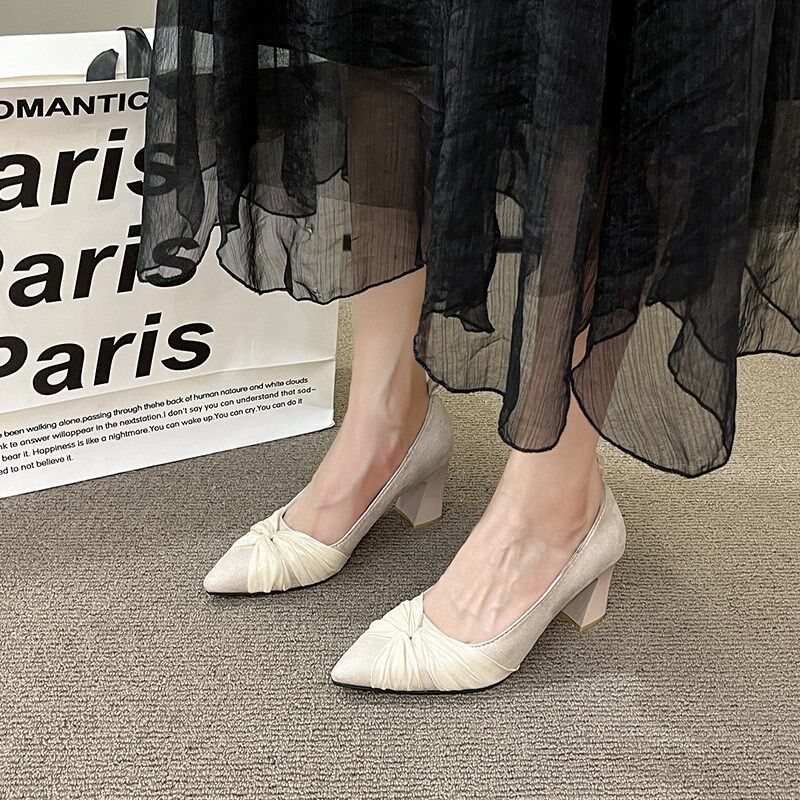 法式绒面高跟鞋女202r4年新款气质软皮5厘米不累脚粗跟浅口单鞋女