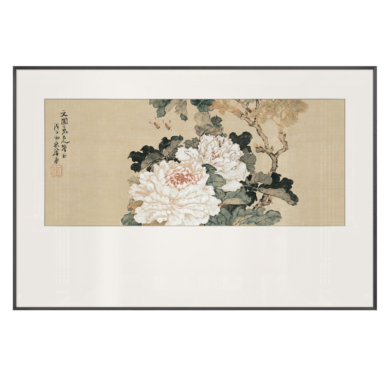 新中式玄关背景墙装饰画饭厅侘寂风软装牡丹花壁画茶室素雅挂画
