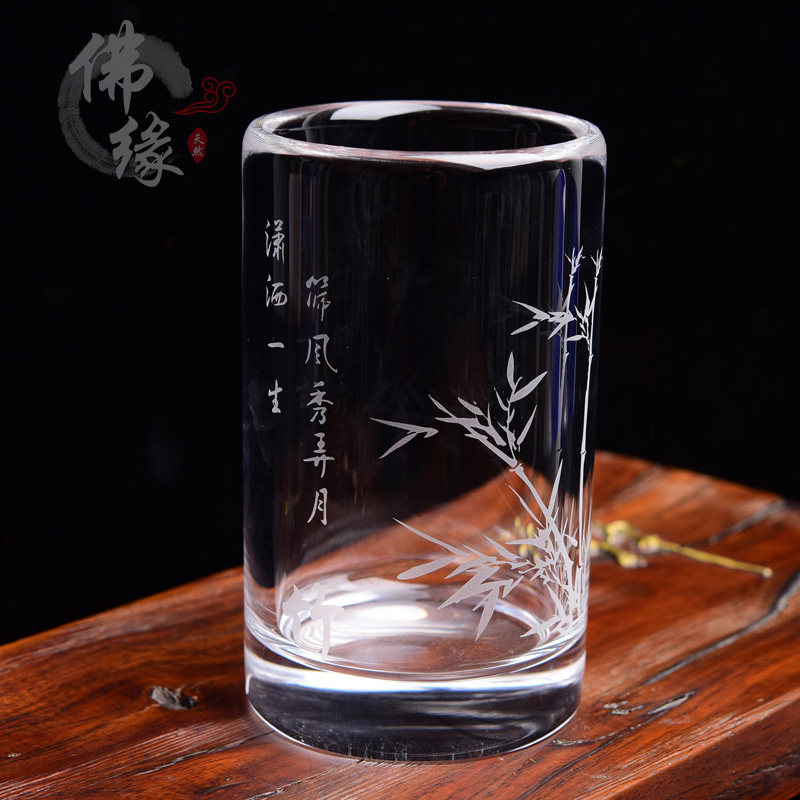 天然水晶茶杯无盖直筒刻花透明泡茶杯绿K茶啤酒杯水杯新款免费刻