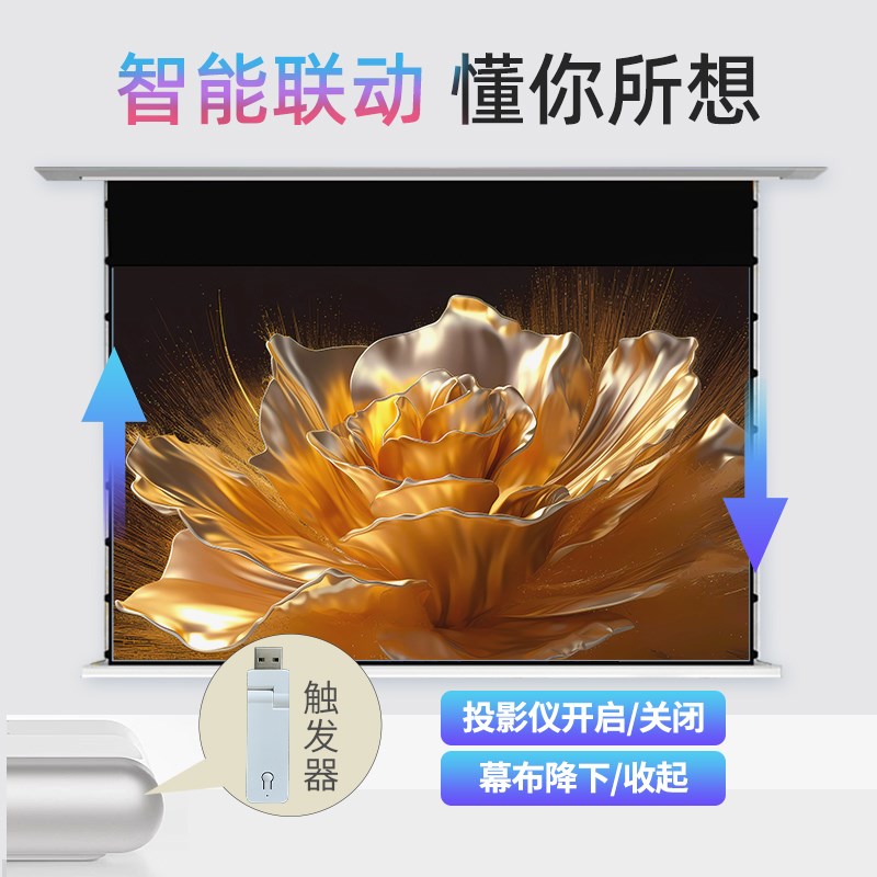 菲斯特天花隐藏式嵌入幕布4K碳晶抗光幕布高清智能升降电动拉线幕