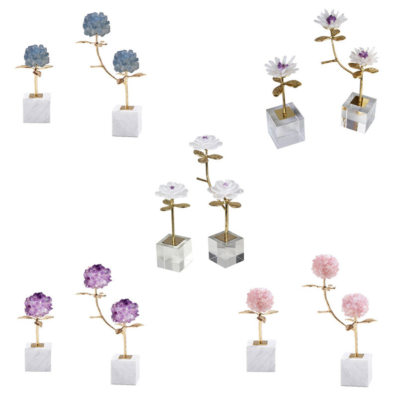 现代简约天然紫水晶花黄铜枝叶工艺品摆件L样板间客厅玄关茶几装
