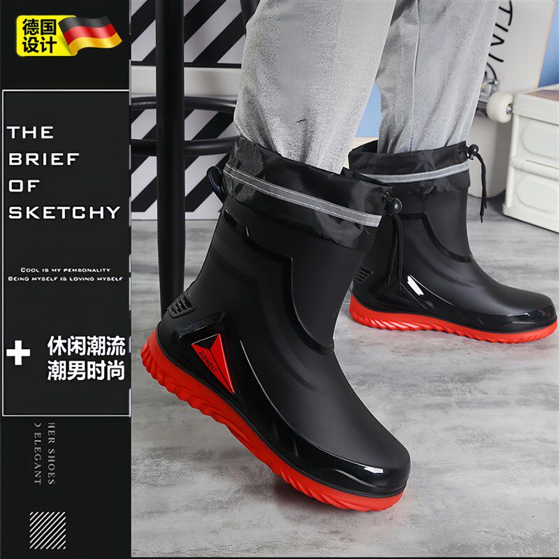 雨鞋男款鞋套防水防滑加厚耐磨反复使用一体下雨天钓鱼黑色中高筒