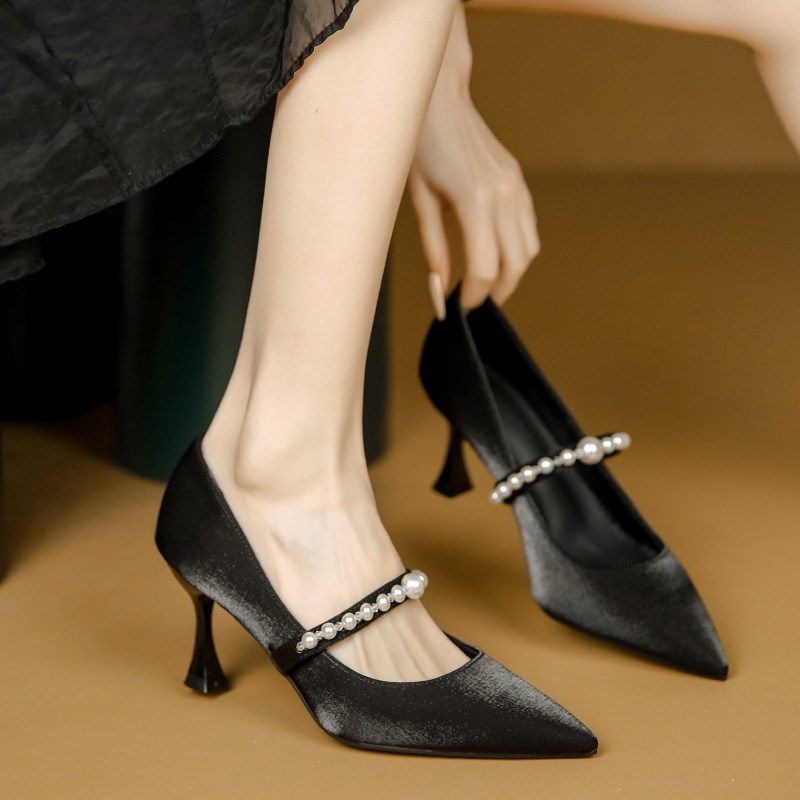 黑色高跟鞋女细跟5公分尖头鞋7厘米不掉跟珍珠带宴V会主持礼仪单