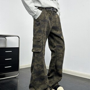 迷彩拼接多口袋牛仔长裤男生高街宽松直筒青少年vibe伐木工装裤潮