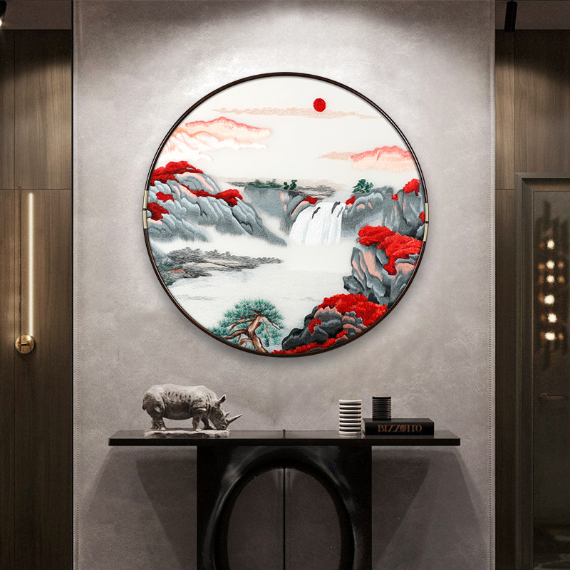 玄关画新中式刺绣圆形装饰画大气餐厅走廊过道壁画书房背景画