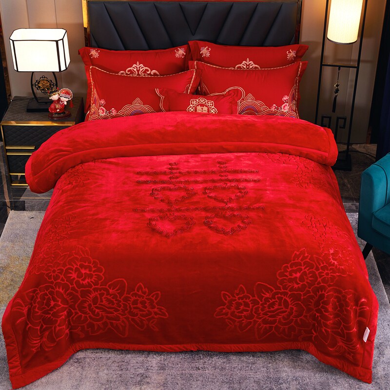 婚庆拉舍尔结婚j毛毯床上雕花大红色加厚冬季陪嫁双层绣花毯子盖