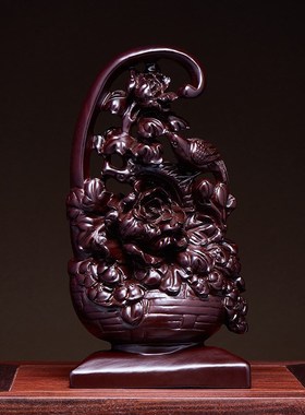 黑檀木雕花篮摆件实木质一篮富贵工艺品家居客厅装饰乔迁开业送礼