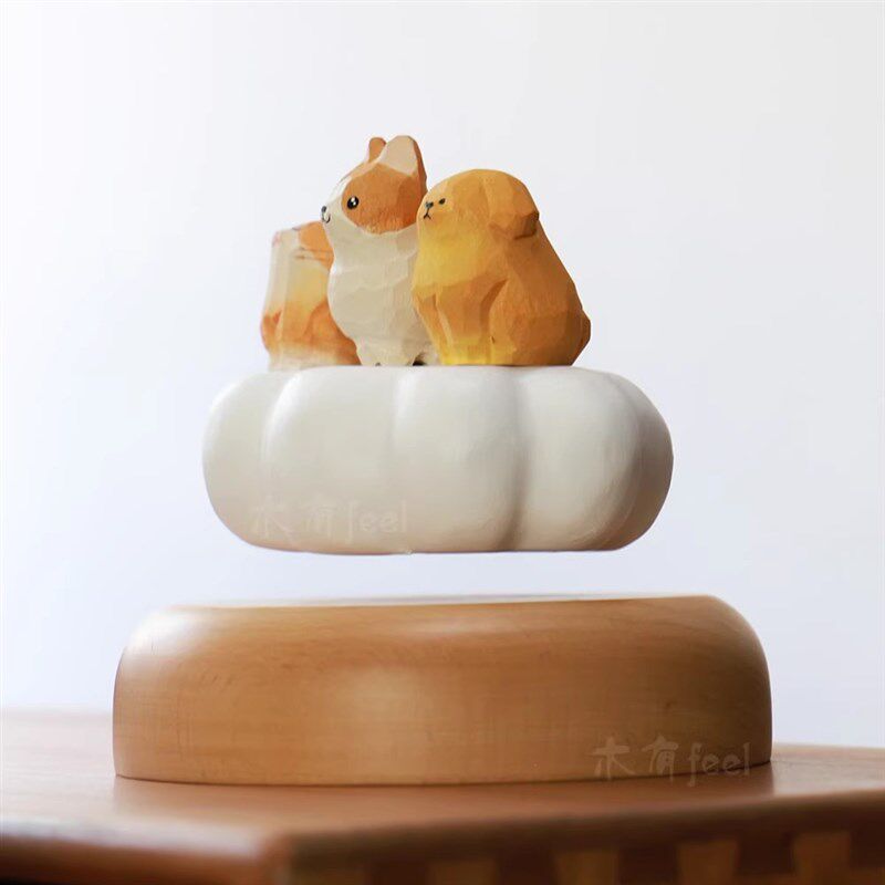 磁悬浮白云朵小北极熊会飞的实木雕刻潮玩摆件高级旋转展示台礼物