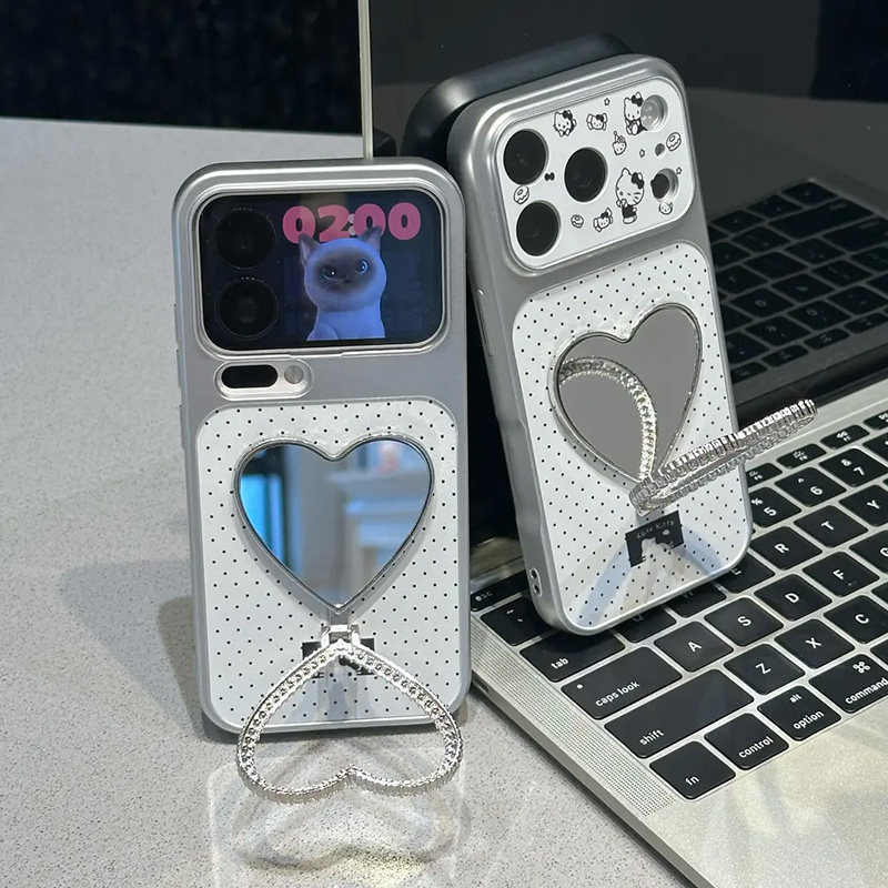 适用红米k80手机壳90/70Pro爱心镜子支架vivo小米17波点iqoo15电镀秒变note14简约13少女心turbo5max4套y500
