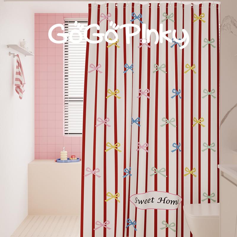 红色新年氛围感防水防霉浴帘韩系蝴蝶结免打孔挂布门帘免打孔套装