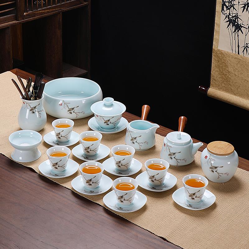 功夫茶具套装陶瓷影青轻奢简约家用办公侧把壶盖碗茶道提梁壶茶洗