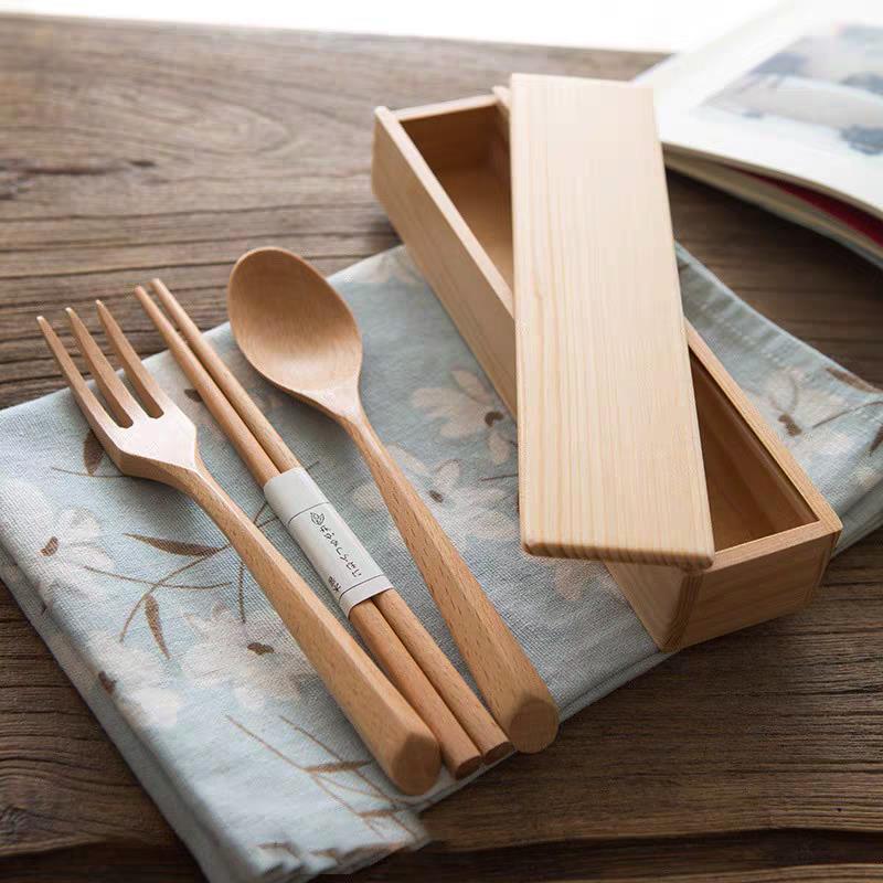 榉木筷子勺子叉子套装出门便携式餐具三件套环保实木质外带收纳盒