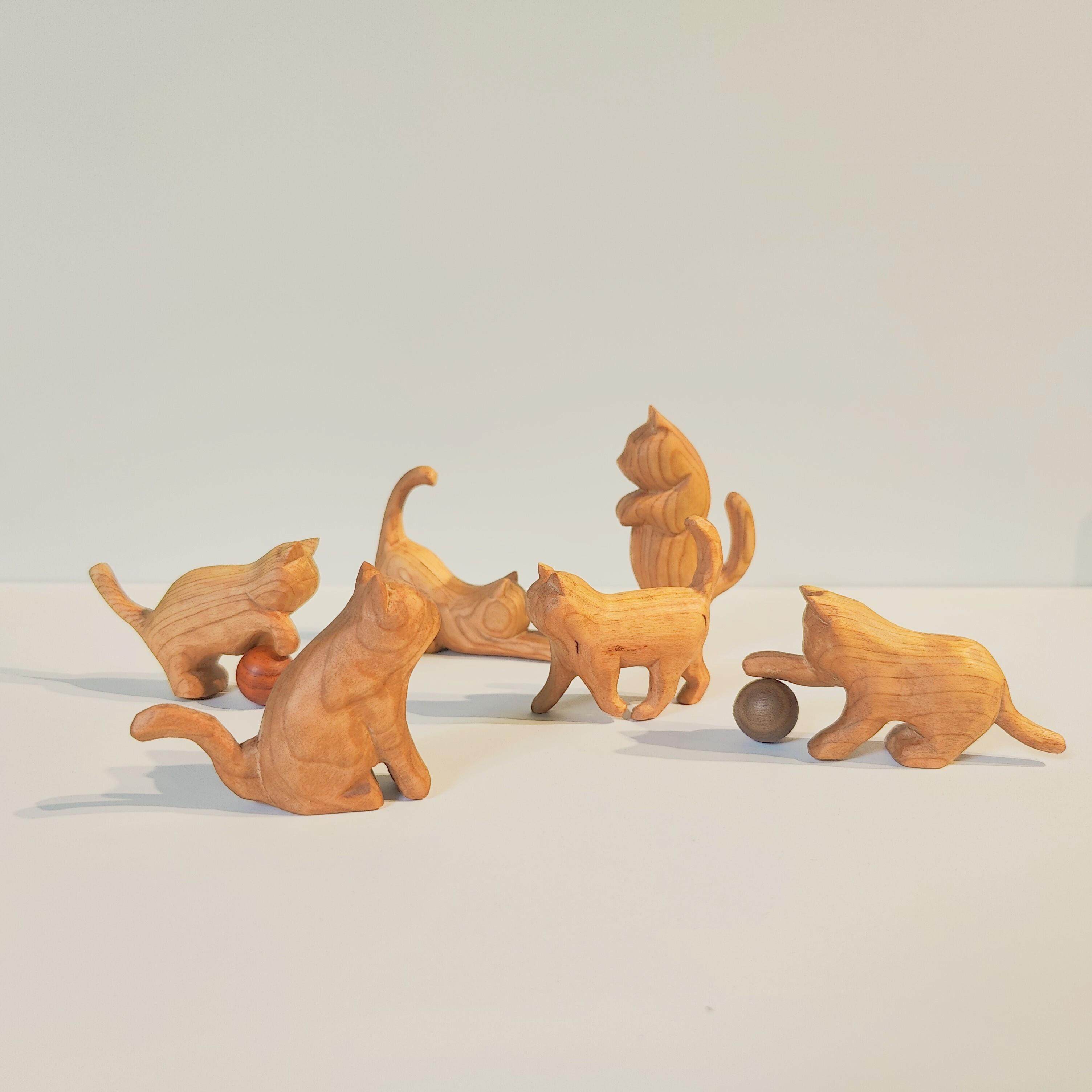 冰冷森林朦胧猫咪元素桌面摆件实木手作原木民宿手工木雕猫店摆件