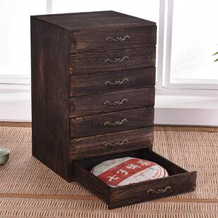 实木普洱茶叶盒分存茶盘多层白茶茶饼收纳架存茶柜烧桐木七层抽屉